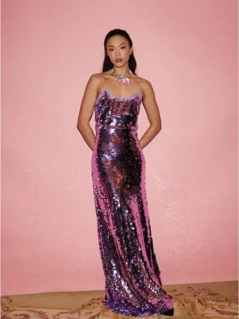 NWOT LoveShackFancy Anora Purple Sequin Gown with Lace Trim | Dress Size 4